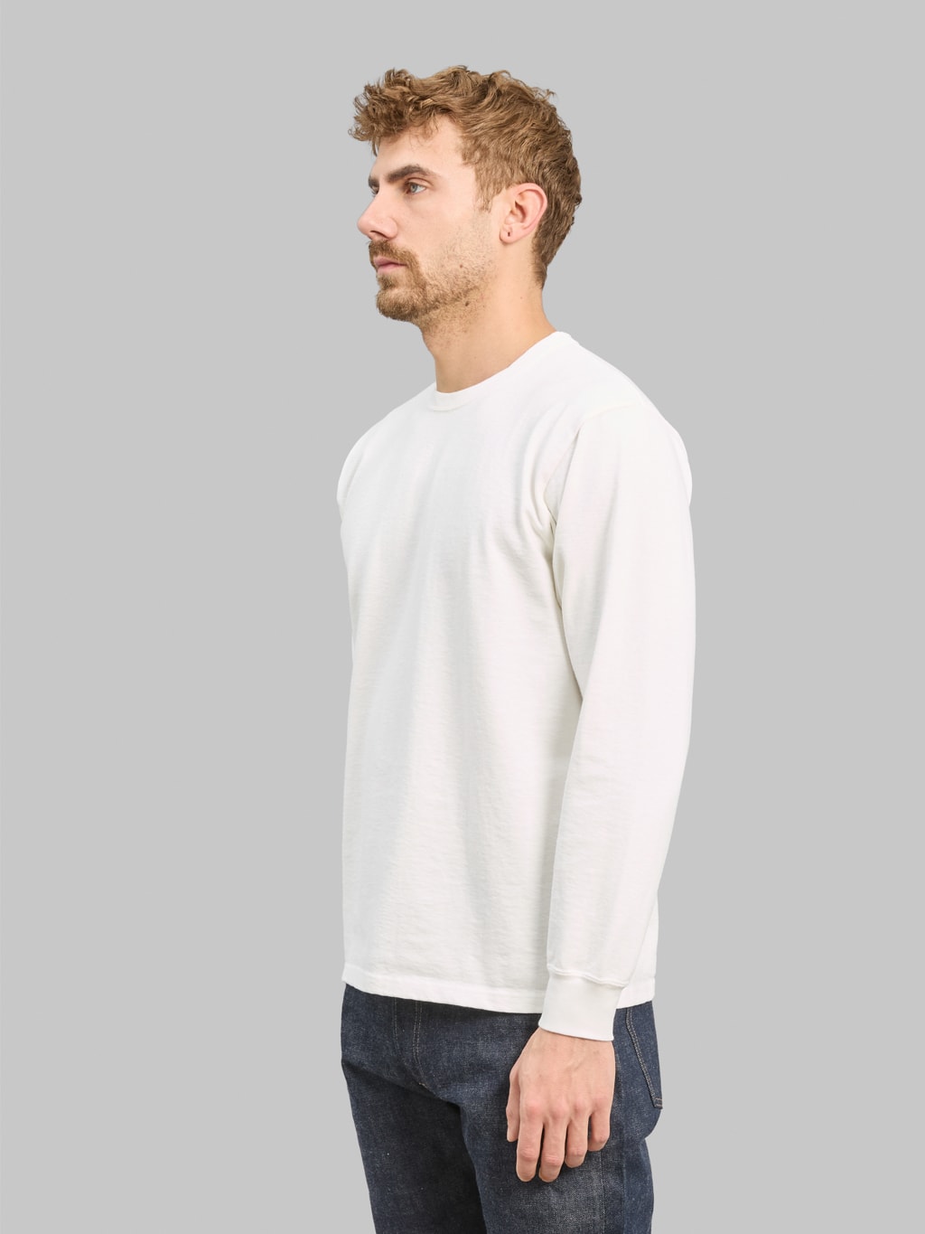 The Flat Head 20oz Loopwheel Long Sleeve TShirt White side fit
