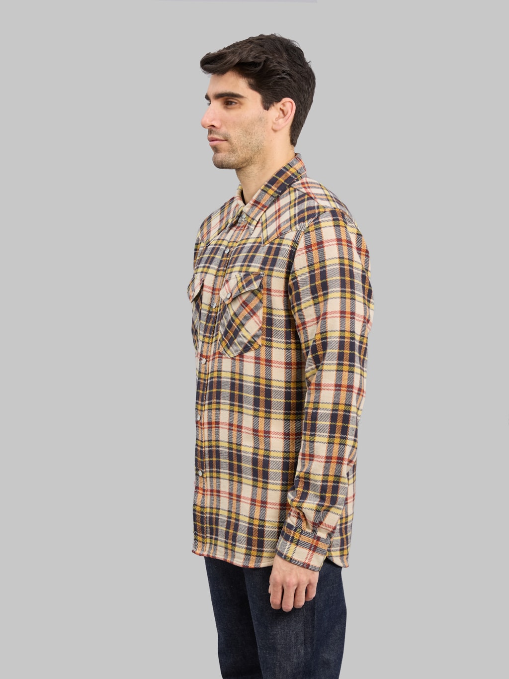 The Flat Head Block Check Western Flannel Shirt Ivory/Black - Redcast Heritage Co.