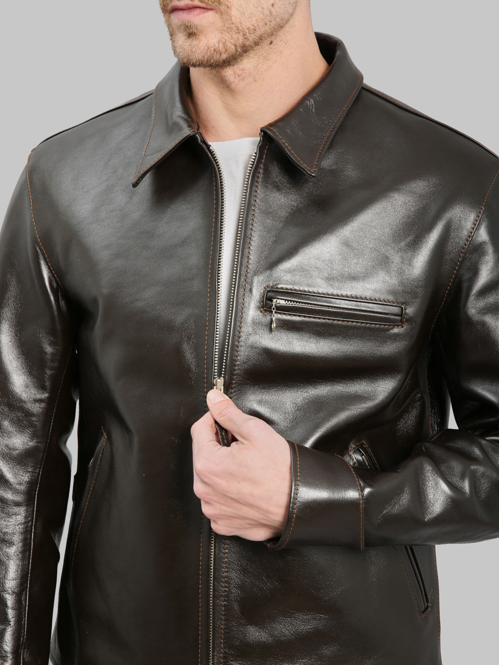 Flat Head FN-LJ-HS005 Horsehide Rider's Jacket Seal Brown chest