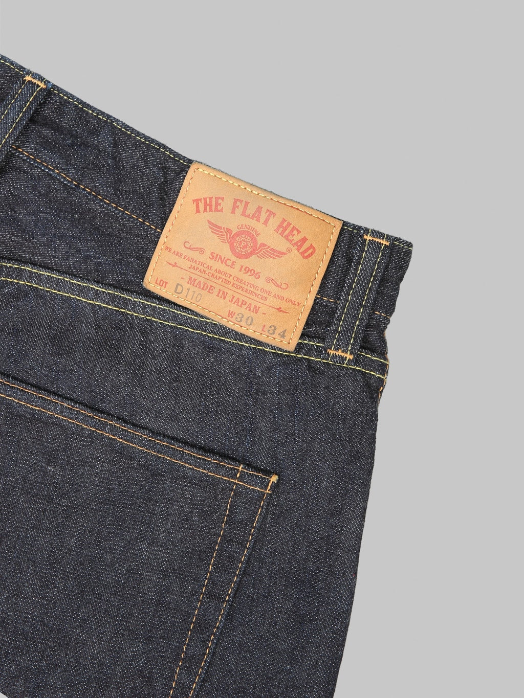 The Flat Head FND110 Left Hand Twill Straight Tapered Jeans leather patch