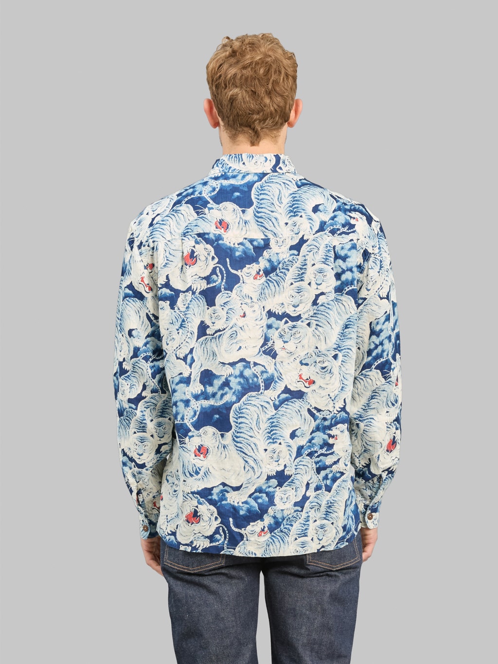 The Flat Head Hyaku Tora Hundred Tigers Linen Shirt Blue back