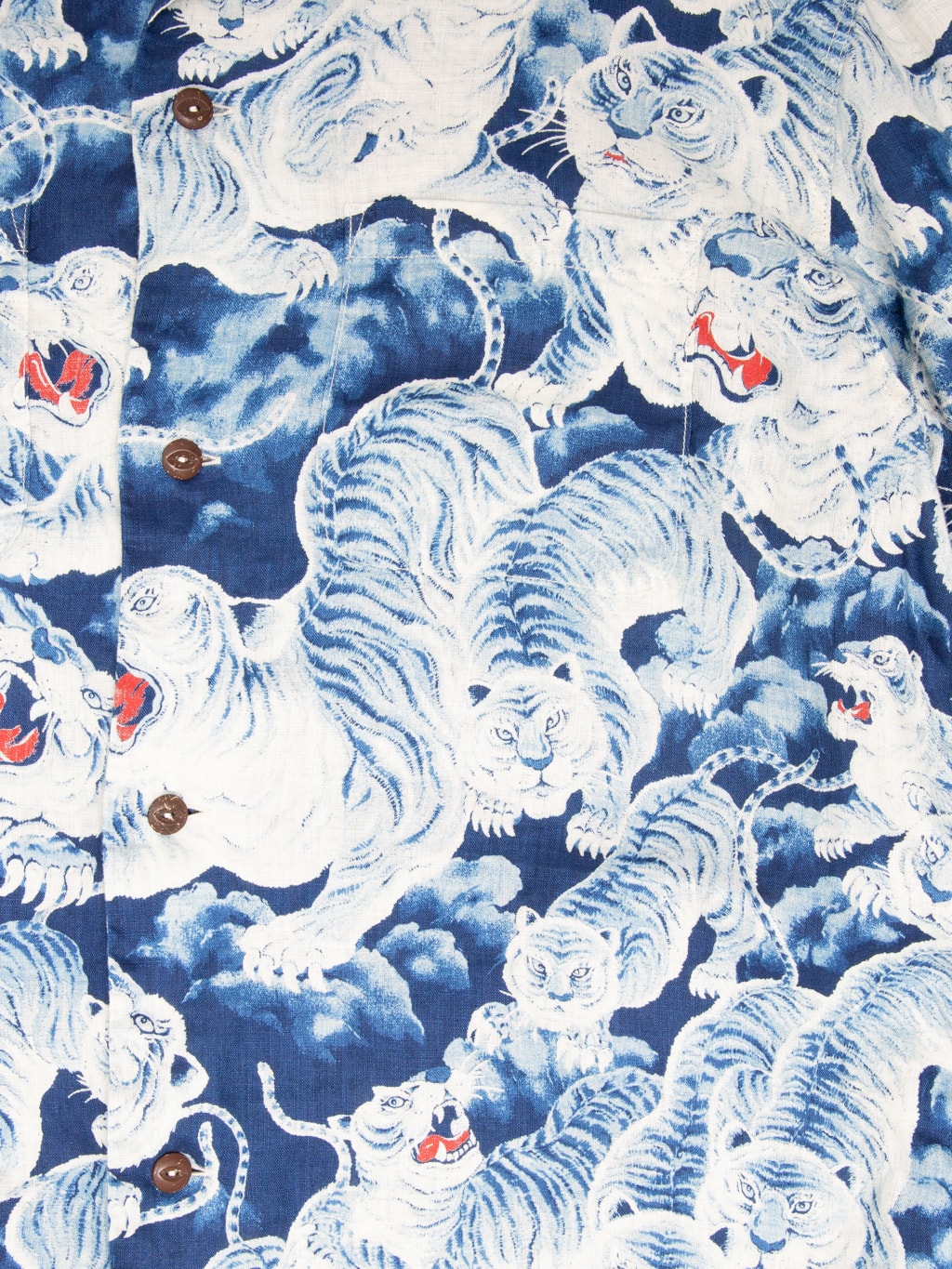 The Flat Head Hyaku Tora Linen Shirt Blue coconut shell buttons