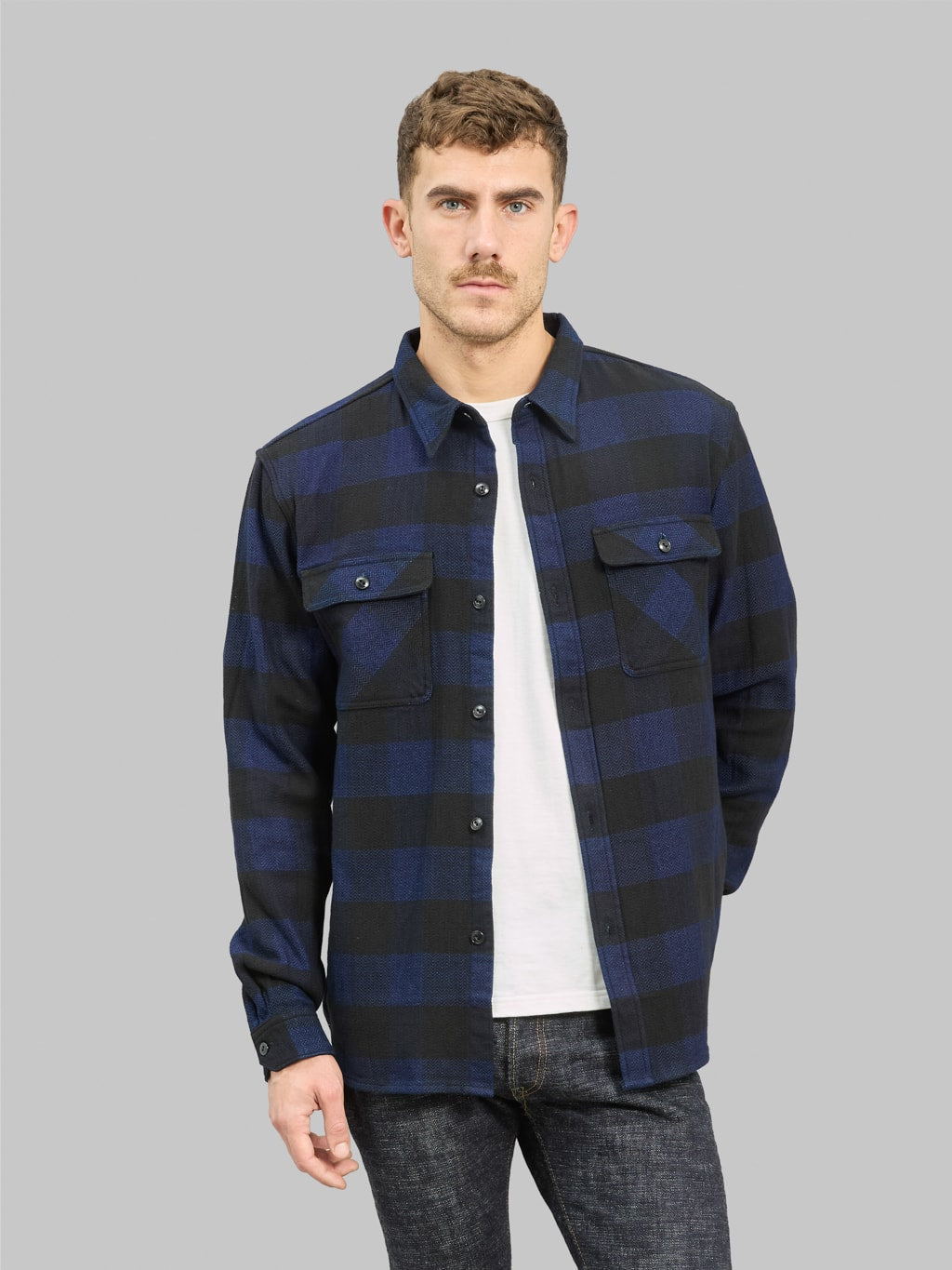 The Flat Head Indigo Block Check Flannel Shirt