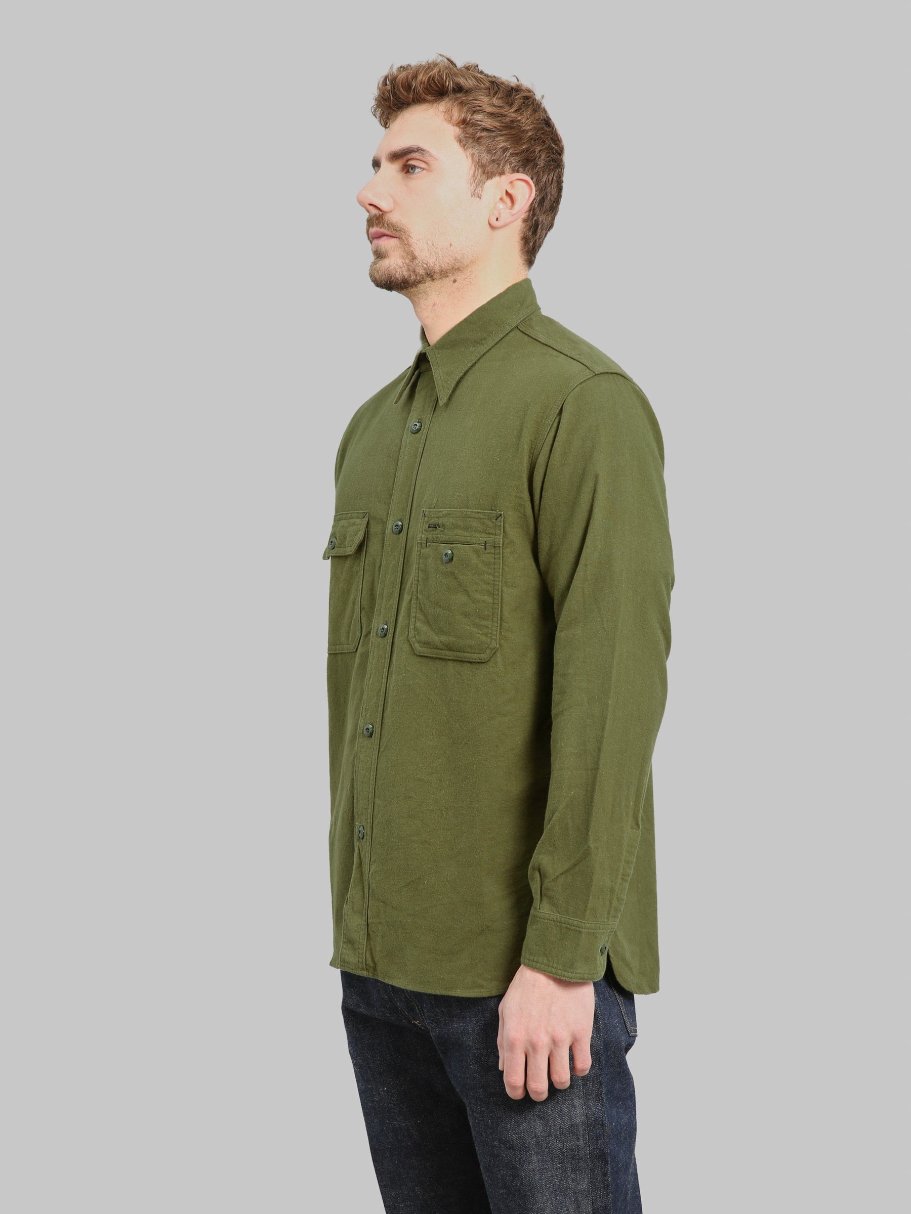 The Rite Stuff Uncle Sam Brushed Chamois Flannel Cigarette Pocket Work Shirt Olive Drab