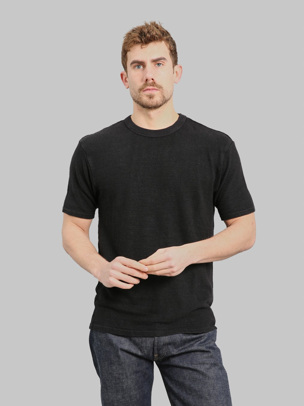 トップス KIMURA/ Linen washi shirt Black UES 100% Linen Short Sleeve T-Shirt Black | Japanese Linen Tee