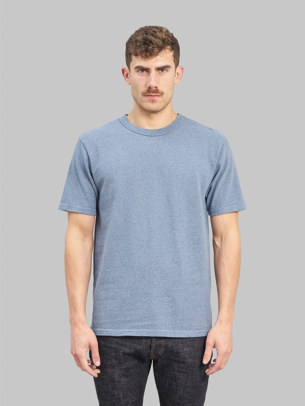 ues recycled denim short sleeve tshirt blue front fit