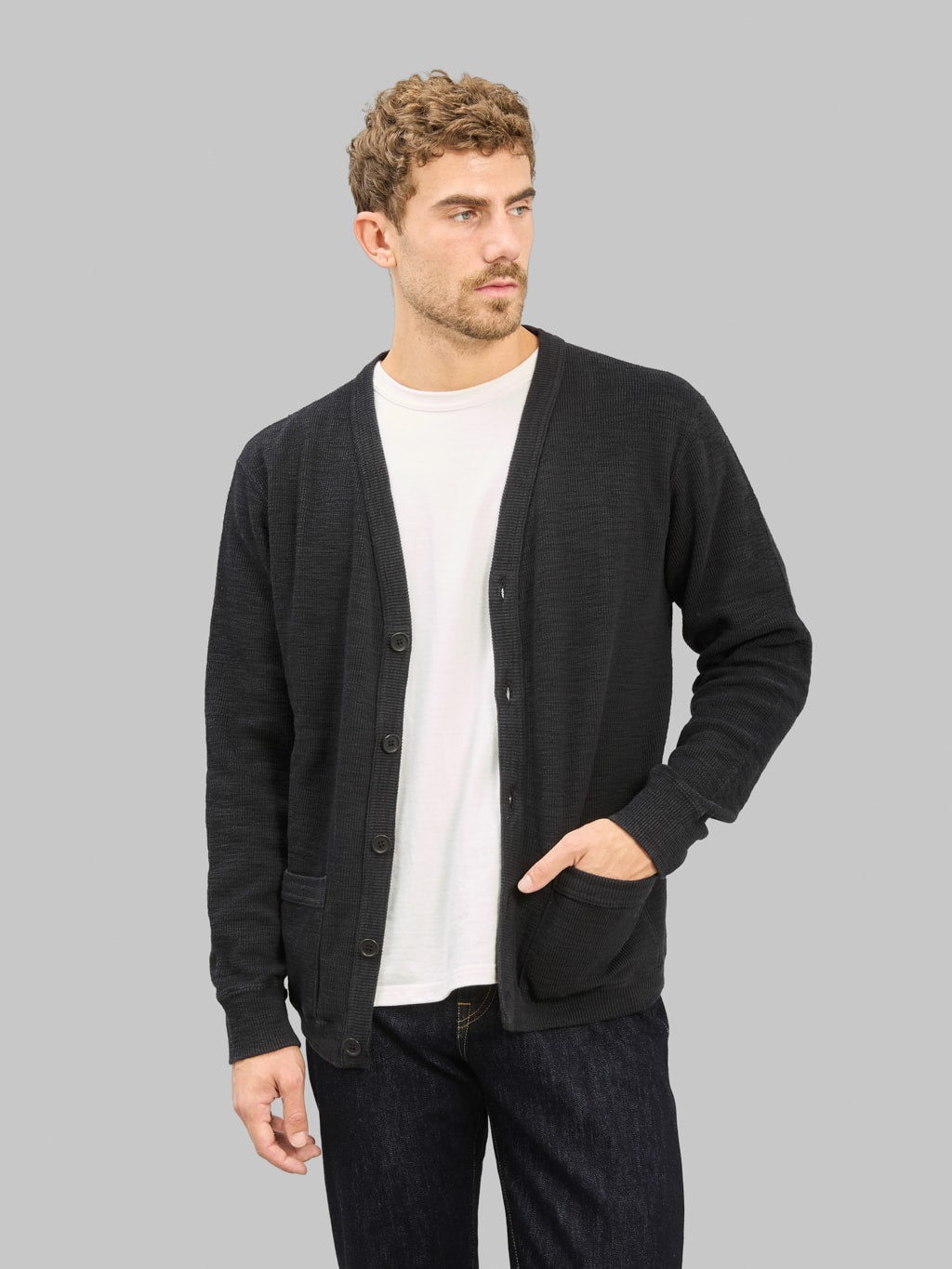 UES Single Rib Cardigan Black unbuttoned