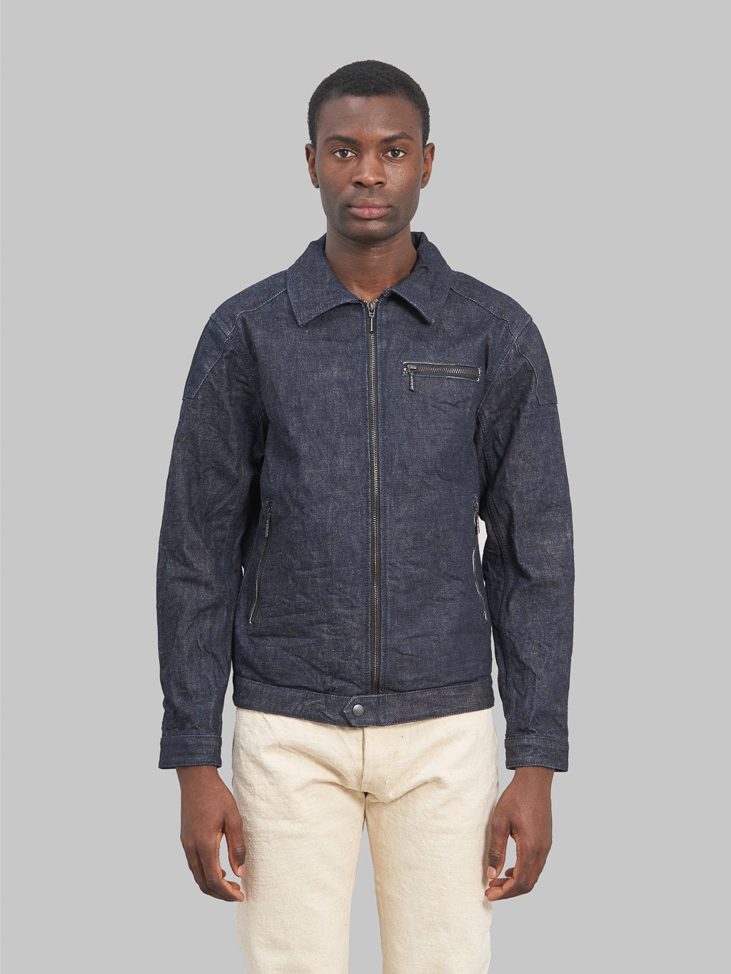 ues single riders indigo denim jacket front fit