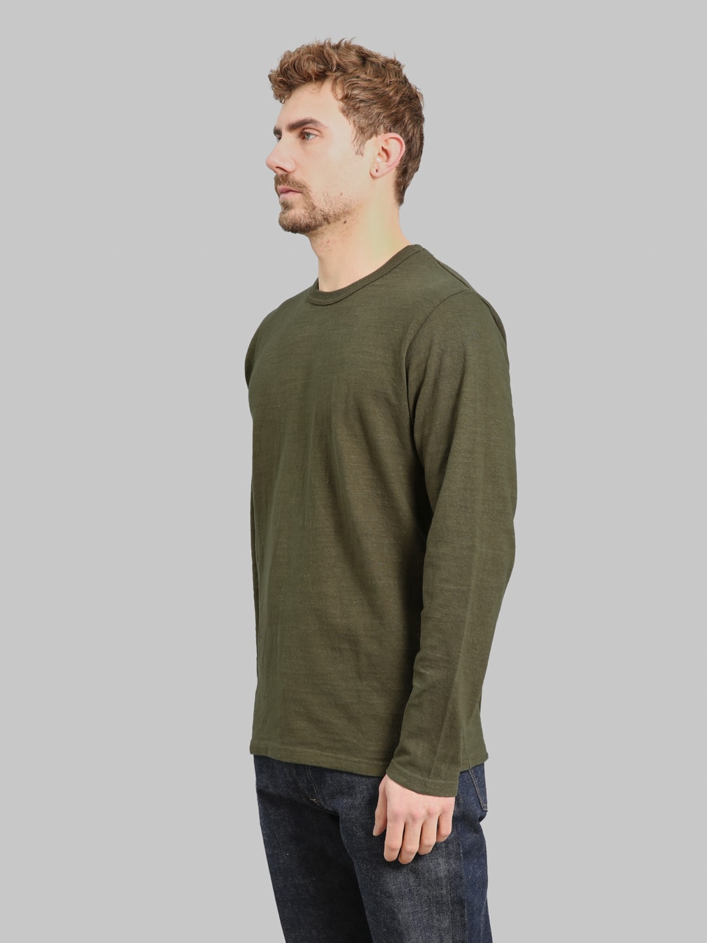 UES No 8 Slub Nep Long Sleeve TShirt Olive side look