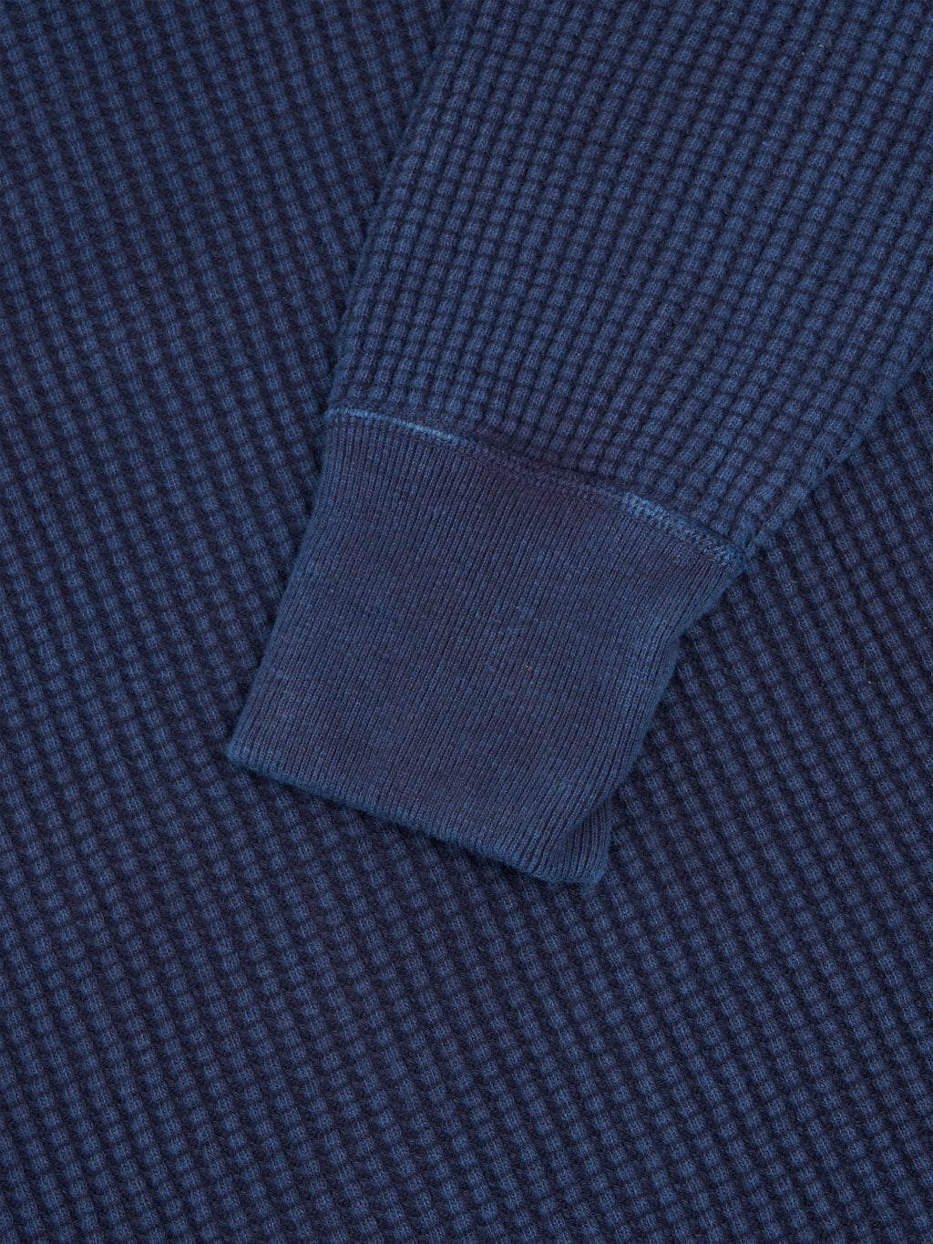 ues thermal big waffle henley tshirt indigo fabric closeup
