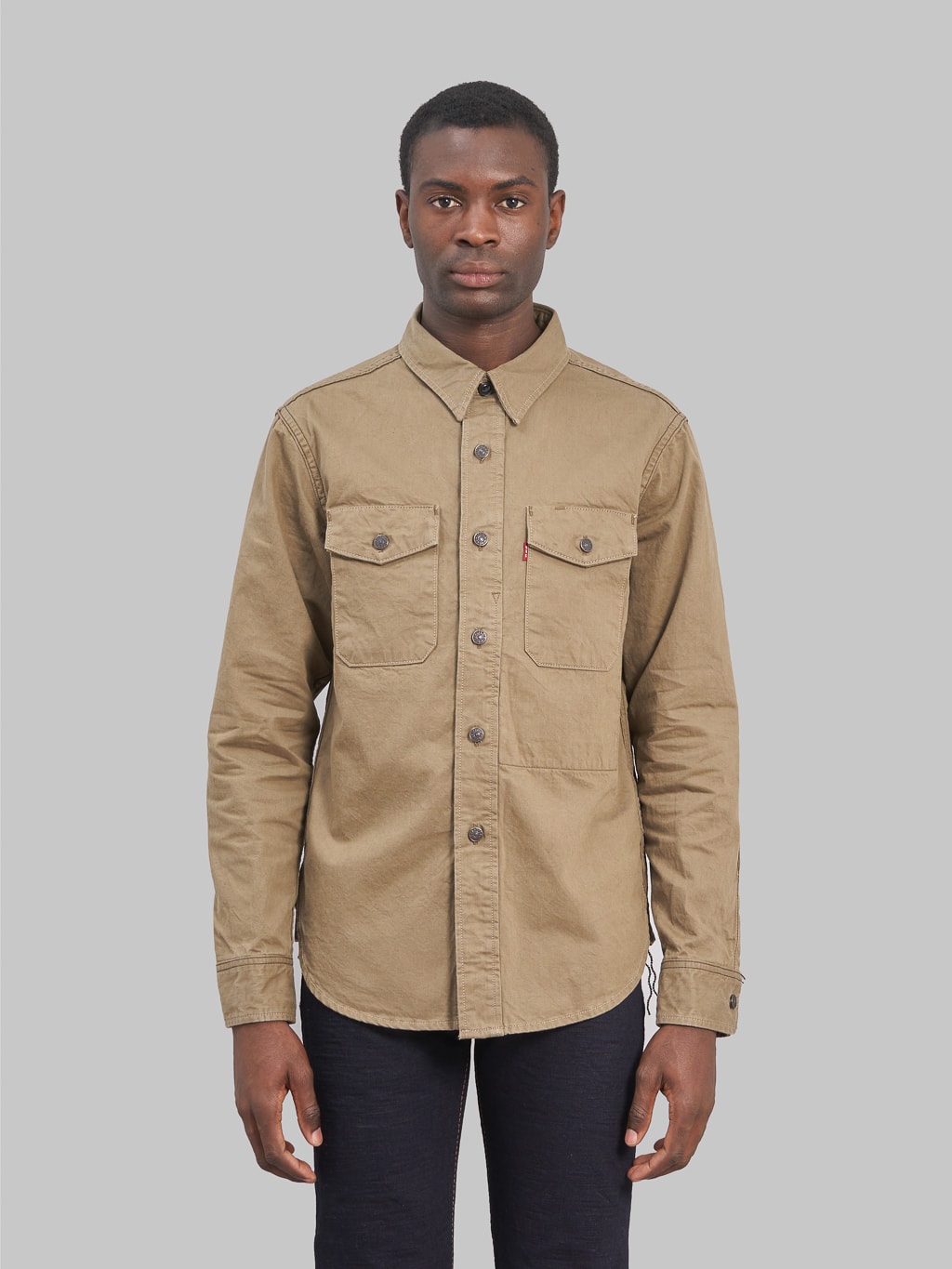 ues traveling denim shirt olive front fit