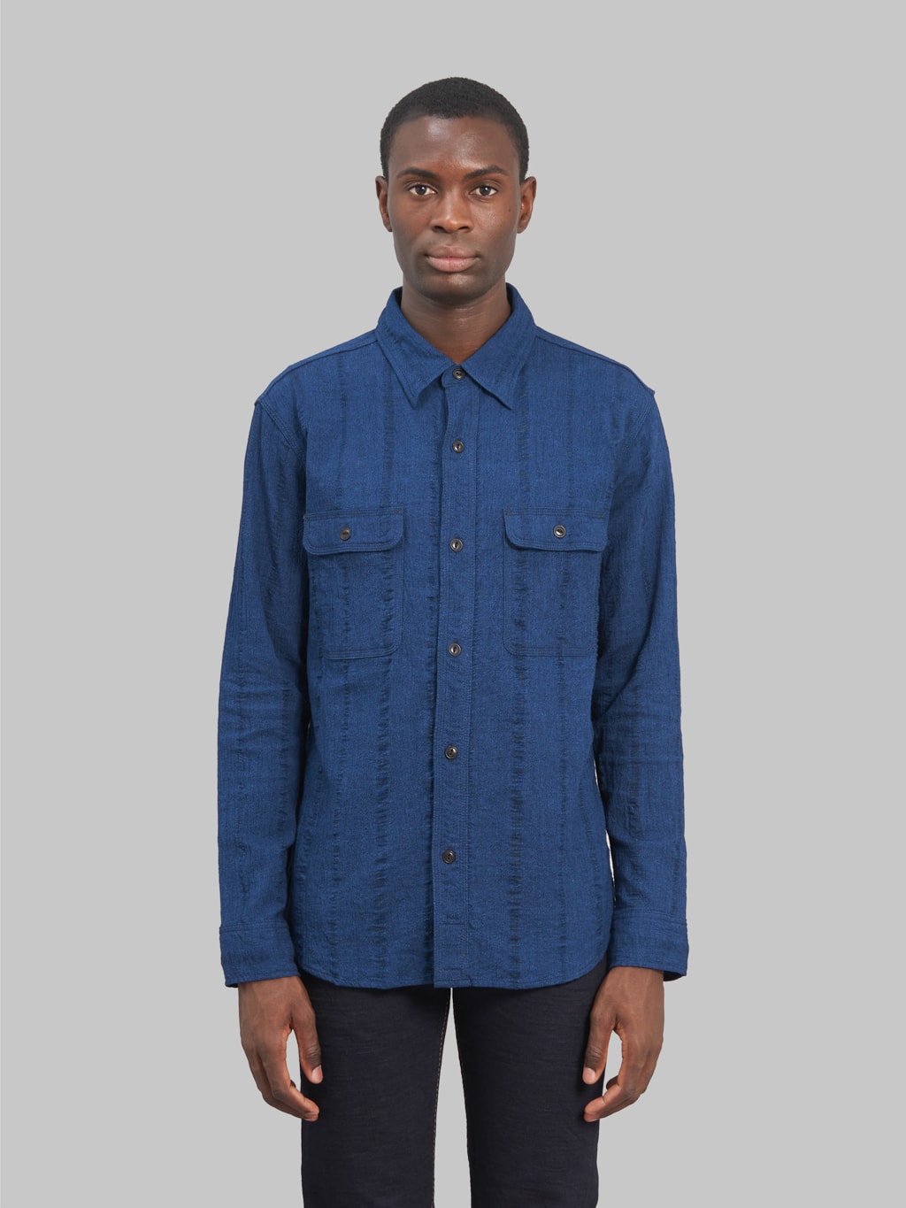 indigo dress shirt Men's Indigo Block Print Circles Camper Camp Collar Shirt  Universal Works