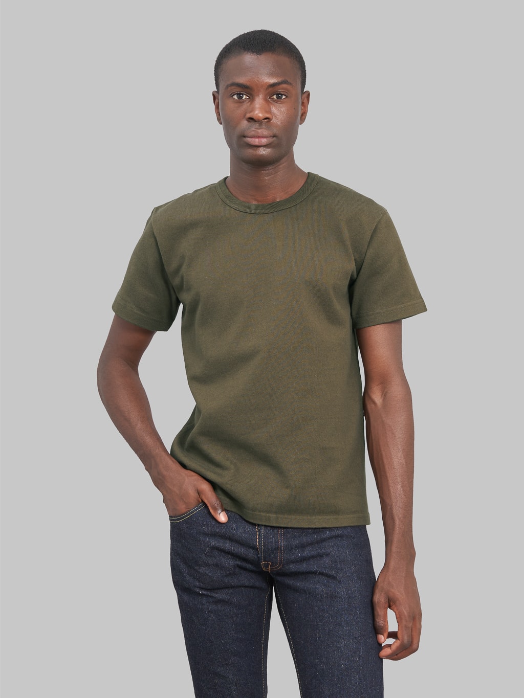 wonder looper crewneck Tshirt Double Heavyweight khaki green model front fit