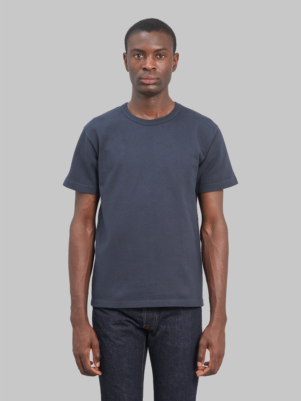 wonder looper crewneck Tshirt Double Heavyweight navy model front fit