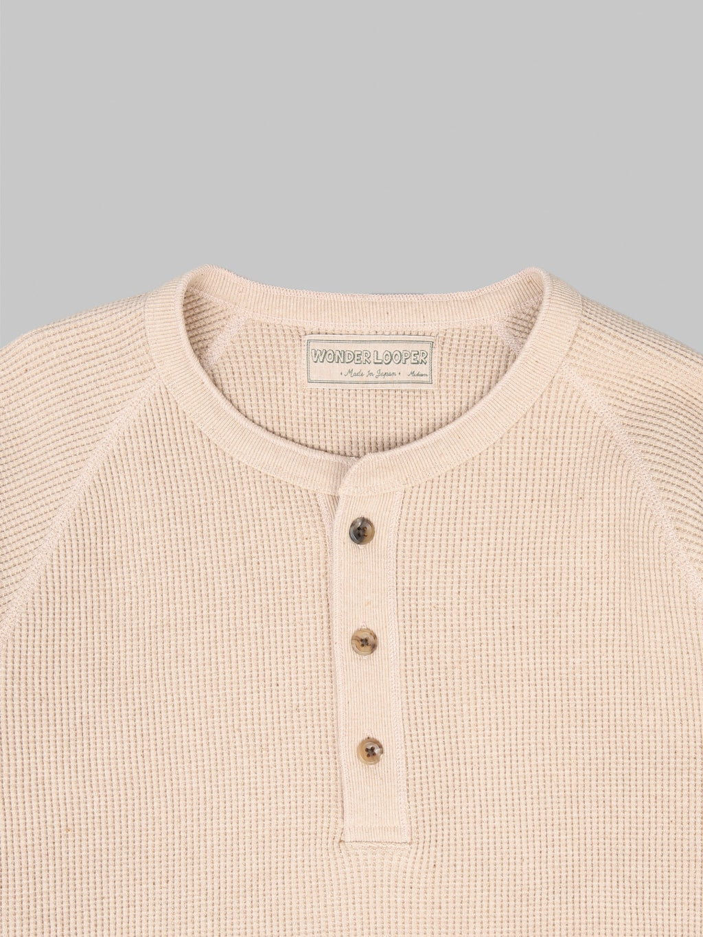 Wonder Looper Foxfibre Heavyweight Waffle Henley Coyote 15 horn buttons