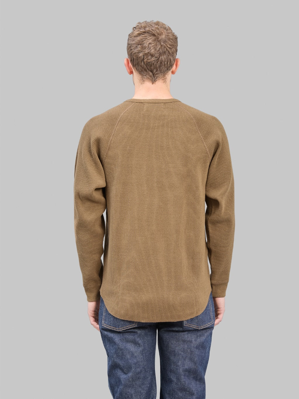 Wonder Looper Iron Mordant Foxfibre Heavyweight Waffle Henley Coyote 80 back fit