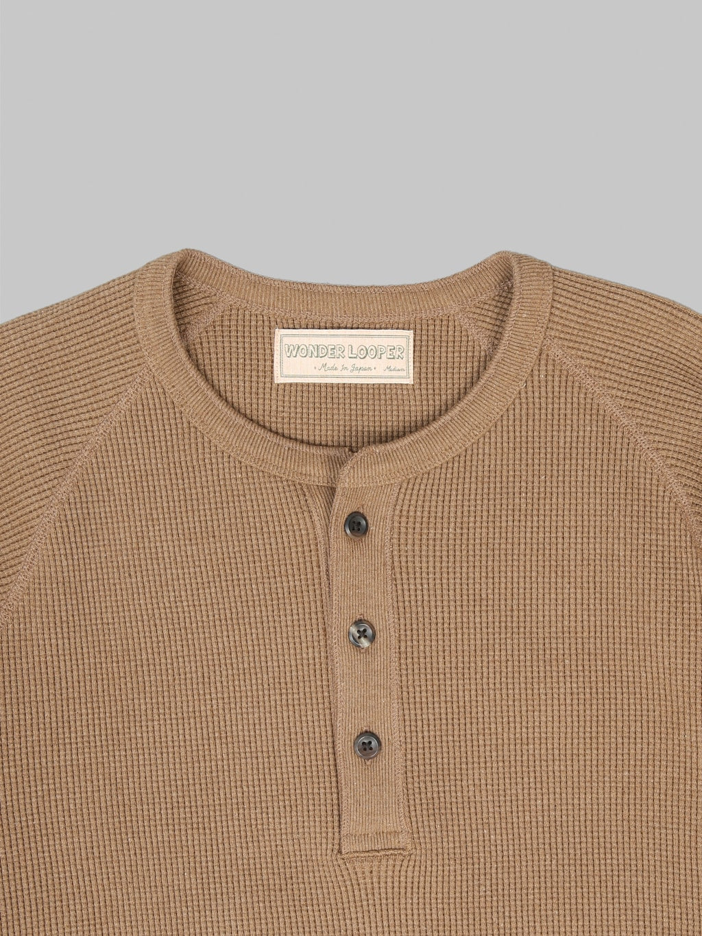 Wonder Looper Iron Mordant Foxfibre Heavyweight Waffle Henley Coyote 80 horn buttons