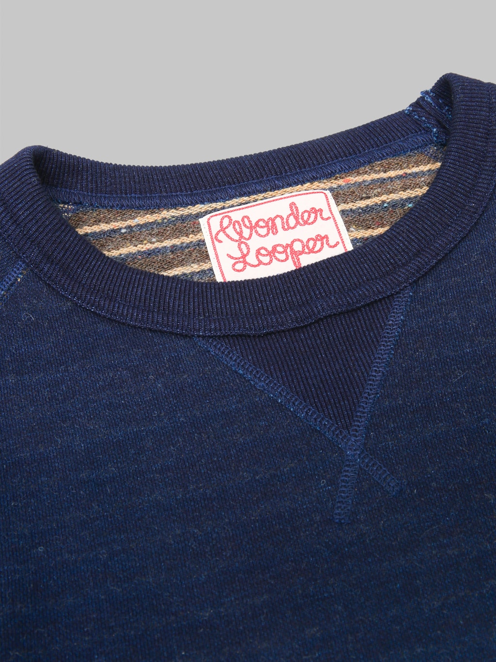 Wonder Looper Pullover Crewneck Real Indigo Blanket Striped French Terry collar