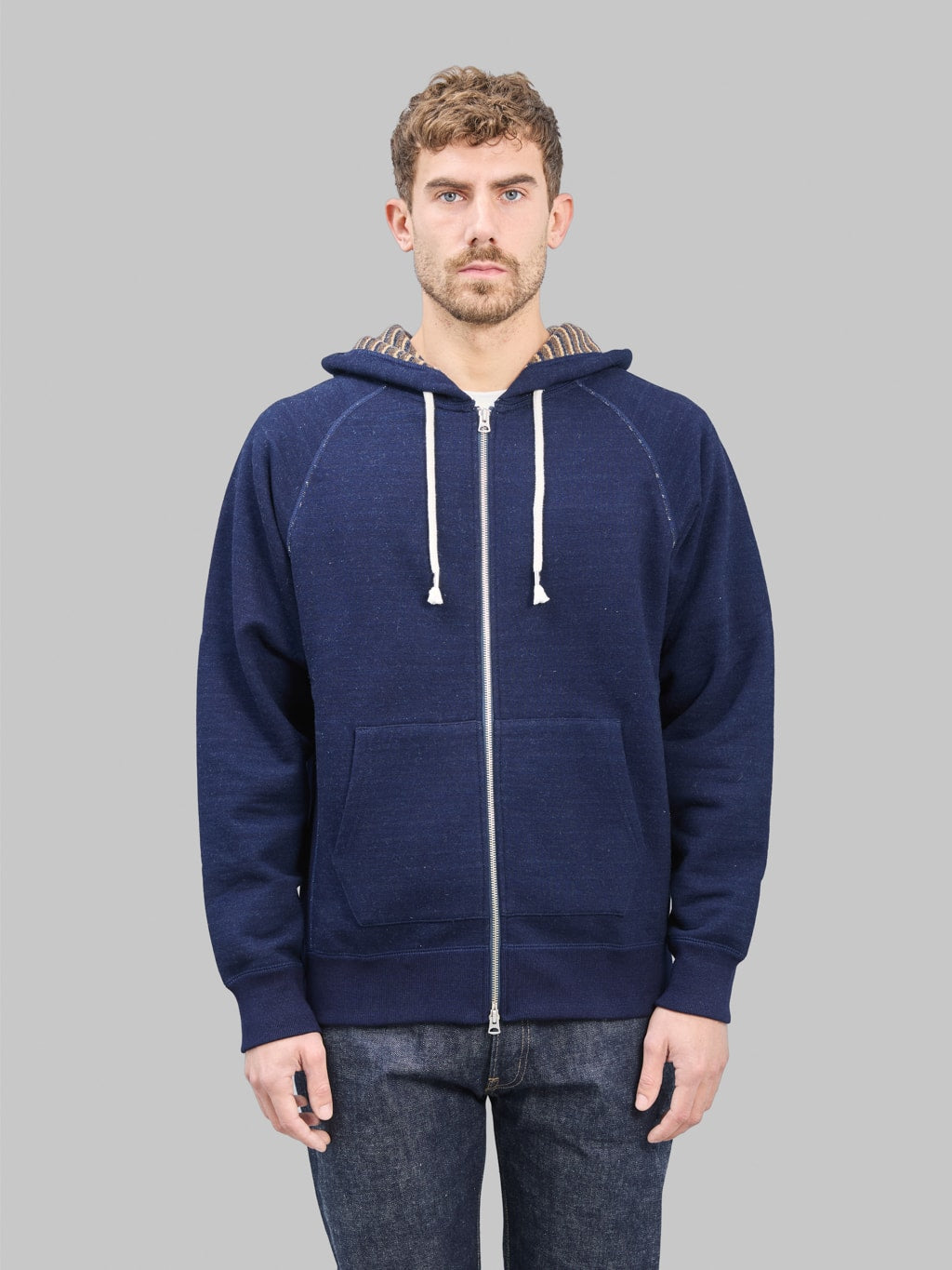 Wonder Looper Zip Hoodie Real Indigo Blanket Striped French Terry closed