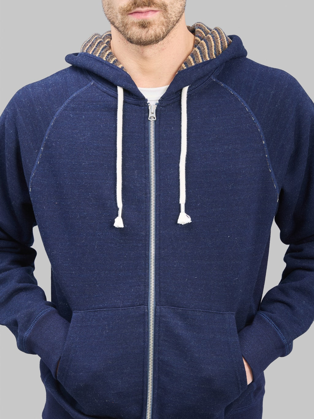 Wonder Looper Zip Hoodie Real Indigo Blanket Striped French Terry chest