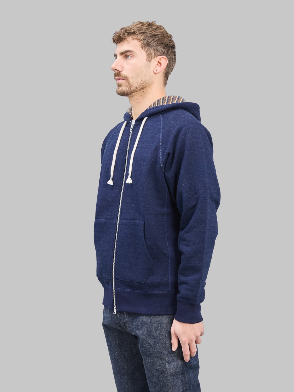 Wonder Looper Zip Hoodie Real Indigo Blanket Striped French Terry side fit