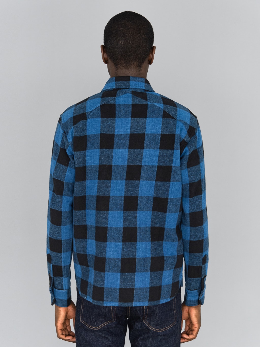 3sixteen Crosscut Flannel Indigo Buffalo Plaid model back fit