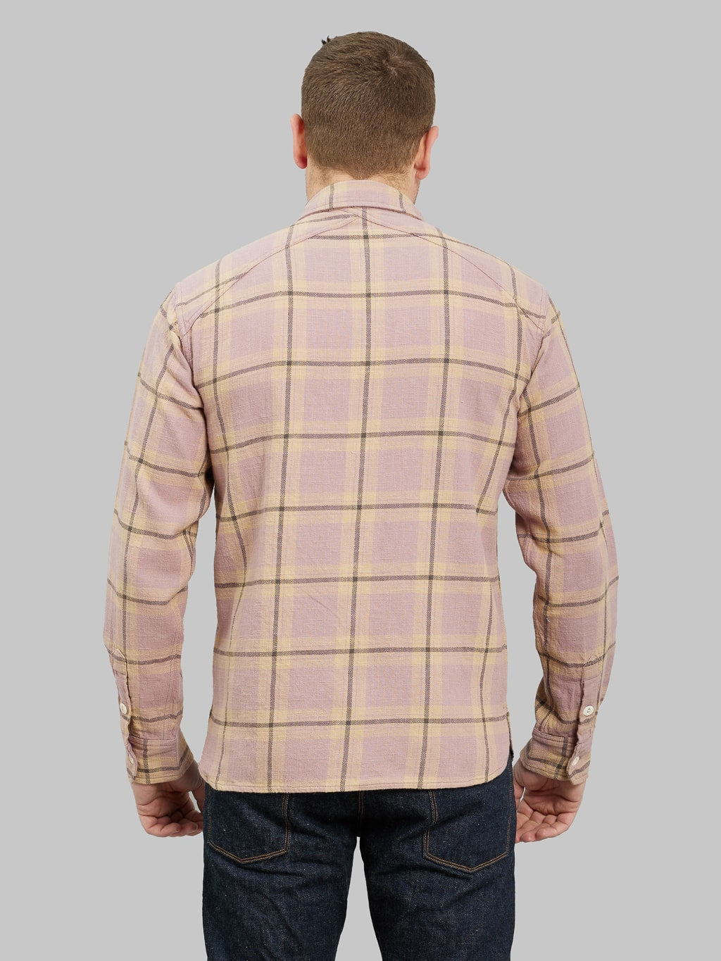 3sixteen Crosscut Flannel Mauve Slub Check shirt model back fit