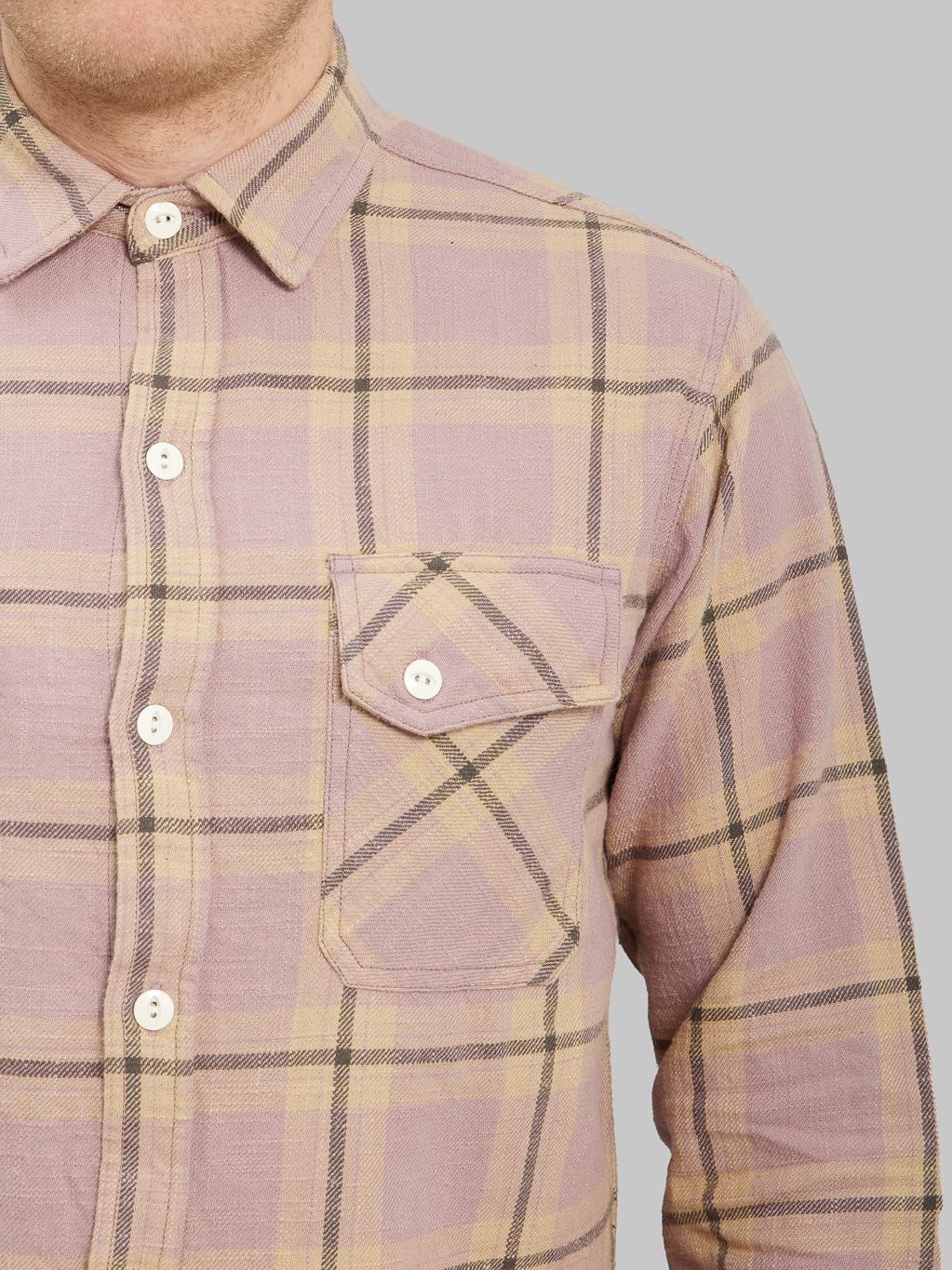 3sixteen Crosscut Flannel Mauve Slub Check shirt chest pocket