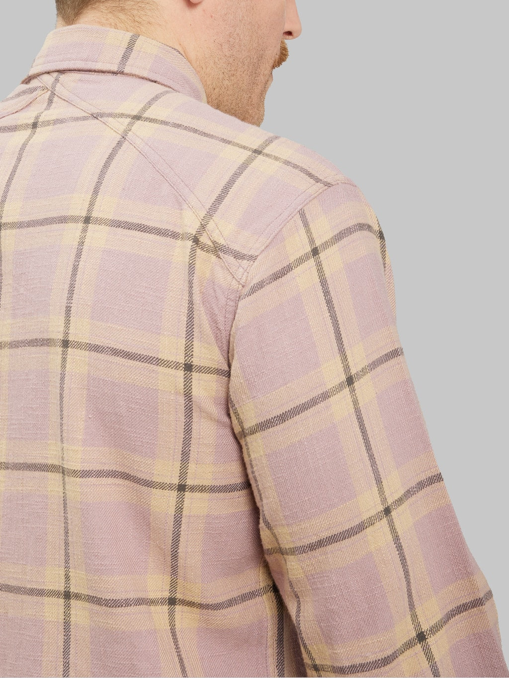 3sixteen Crosscut Flannel Mauve Slub Check shirt back yoke detail