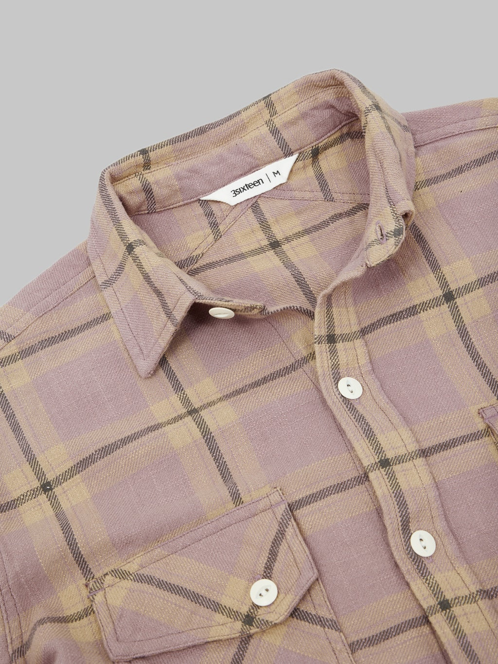 3sixteen Crosscut Flannel Mauve Slub Check shirt size interior tag