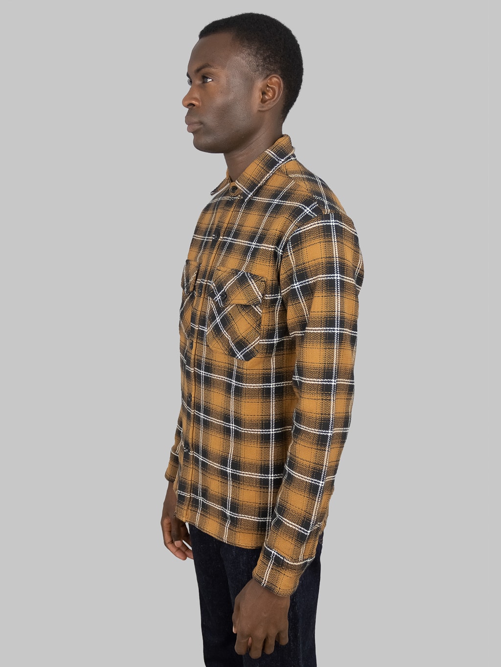 3sixteen Crosscut Flannel Sienna Check model side fit