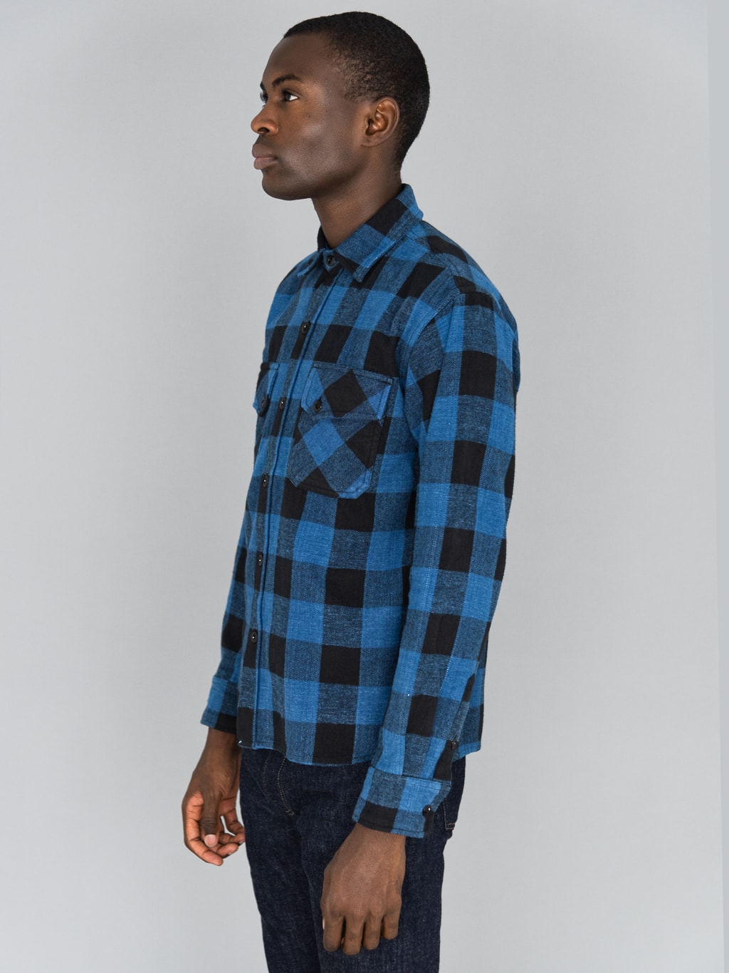 3sixteen Crosscut Flannel Indigo Buffalo Plaid model side fit