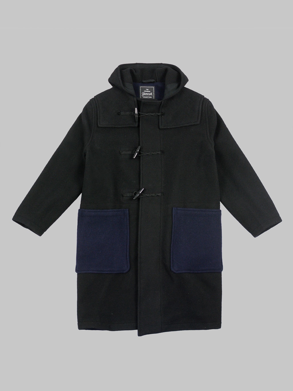 3sixteen x Gloverall Monty Duffle Coat black navy wool fabric front