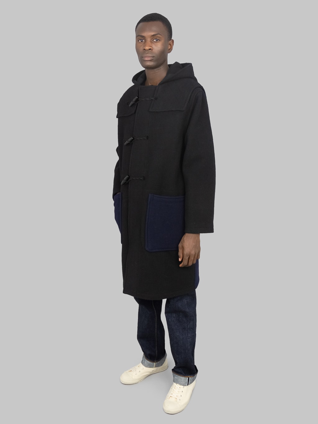 3sixteen x Gloverall Monty Duffle Coat black navy wool fabric oversized