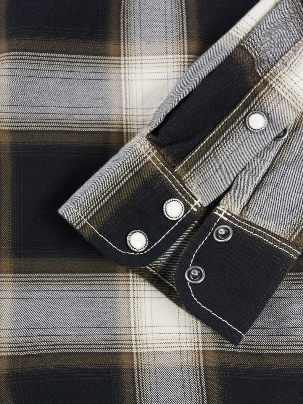 Freenote Cloth Lancaster Black Shadow Plaid Shirt cuff snap buttons