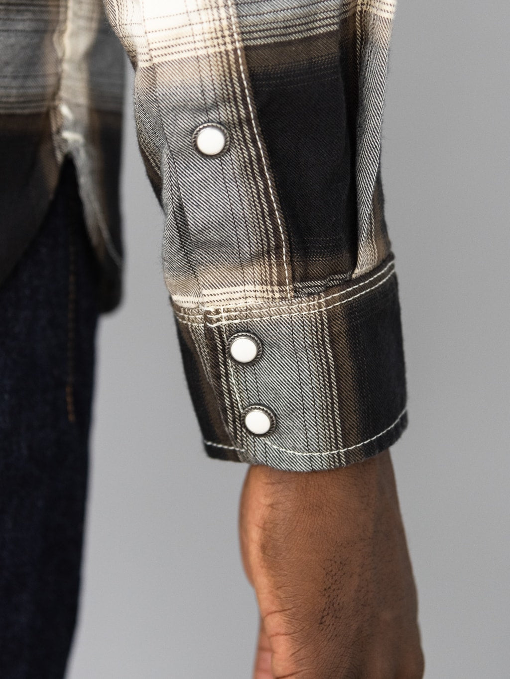 Freenote Cloth Lancaster Black Shadow Plaid Shirt cuff