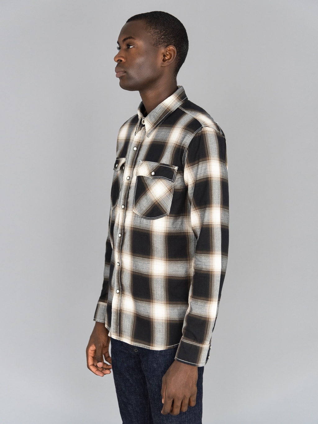 Freenote Cloth Lancaster Black Shadow Plaid Shirt model side fit