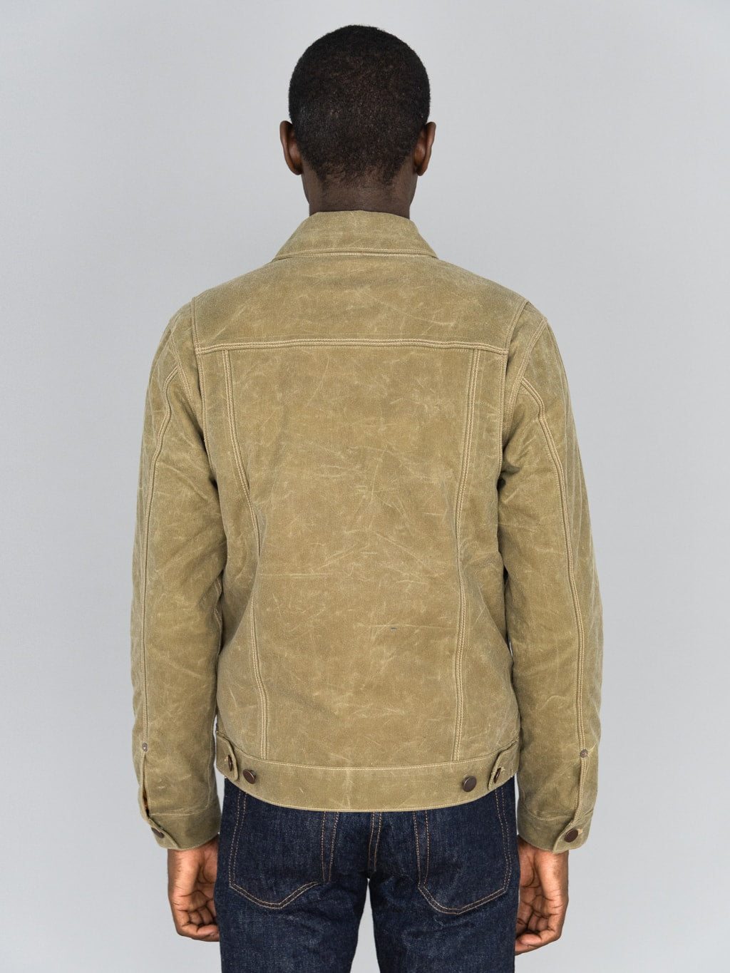 Freenote Cloth Riders Jacket Waxed Canvas Tobacco model back fit