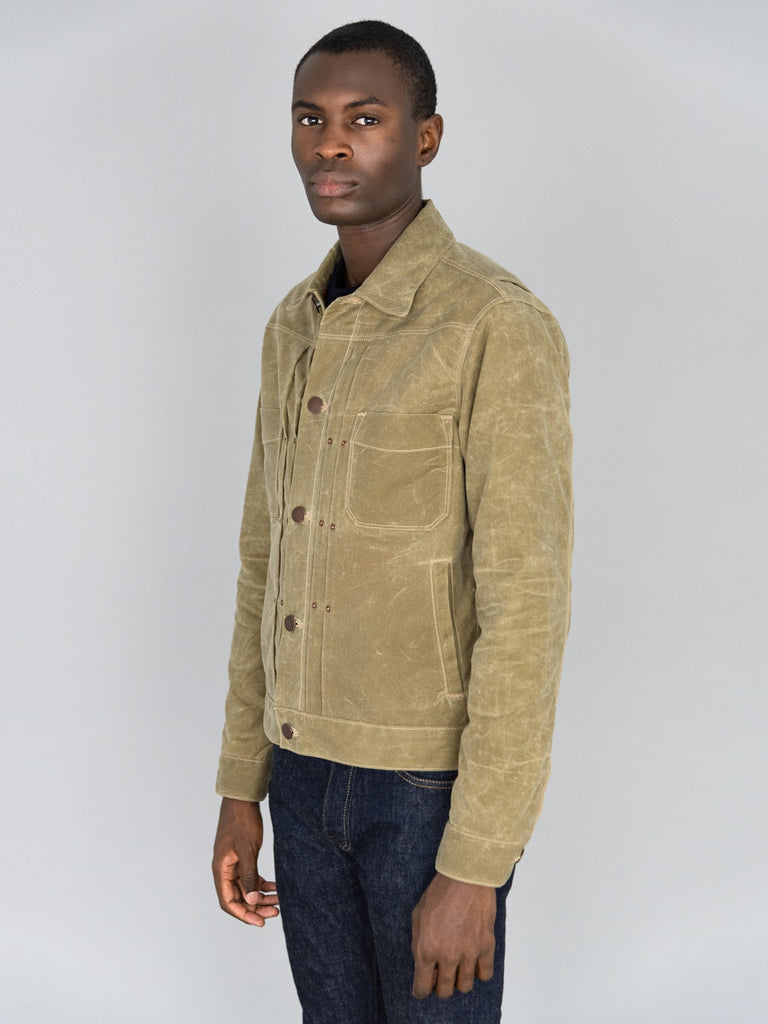 Freenote Cloth Riders Jacket Waxed Canvas Tobacco model side fit