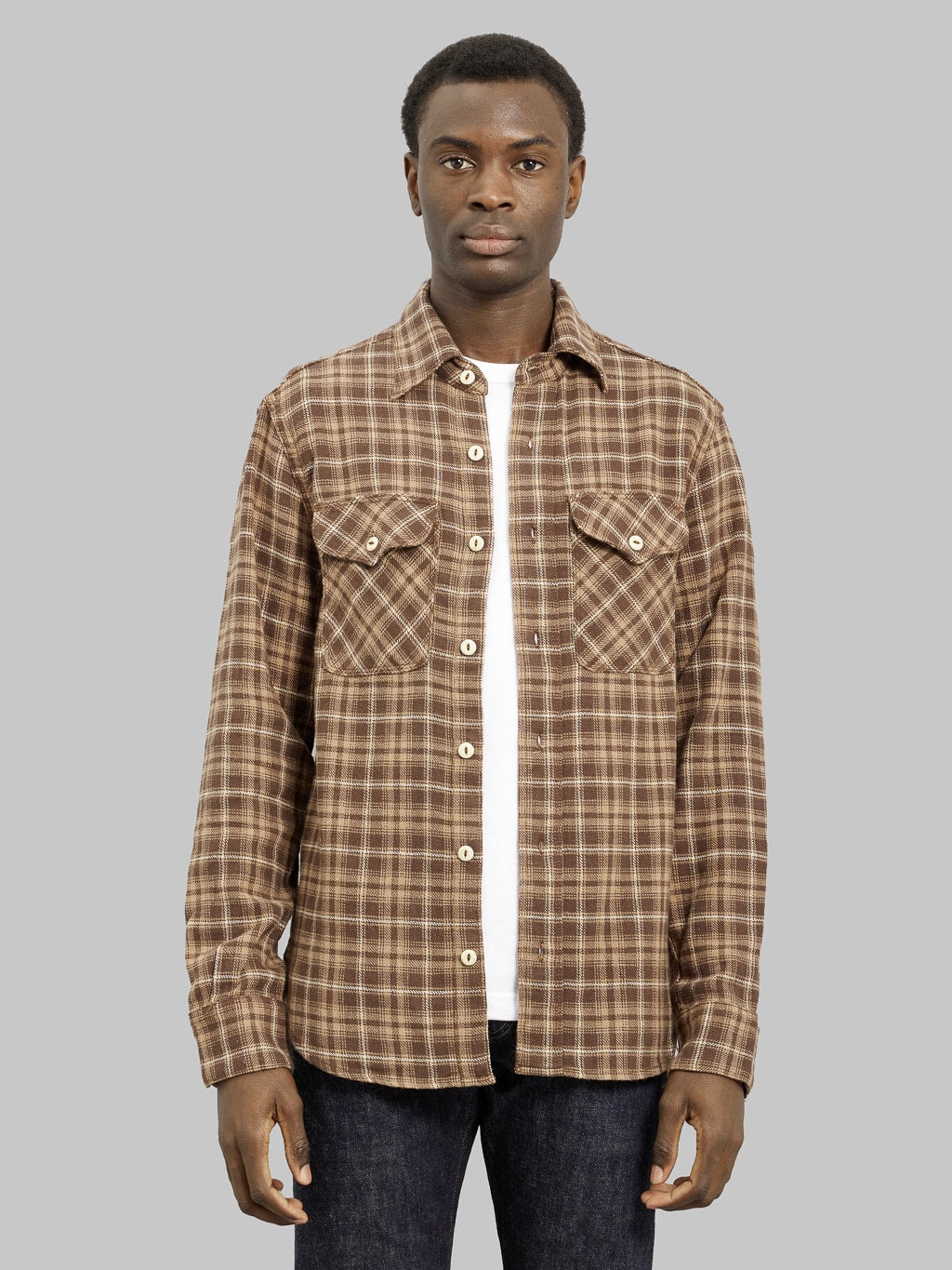 Freenote Cloth Wells Shirt Brown model front fit