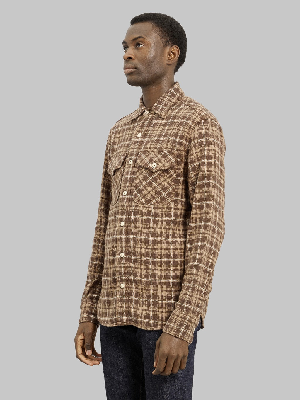 Freenote Cloth Wells Shirt Brown model side fit