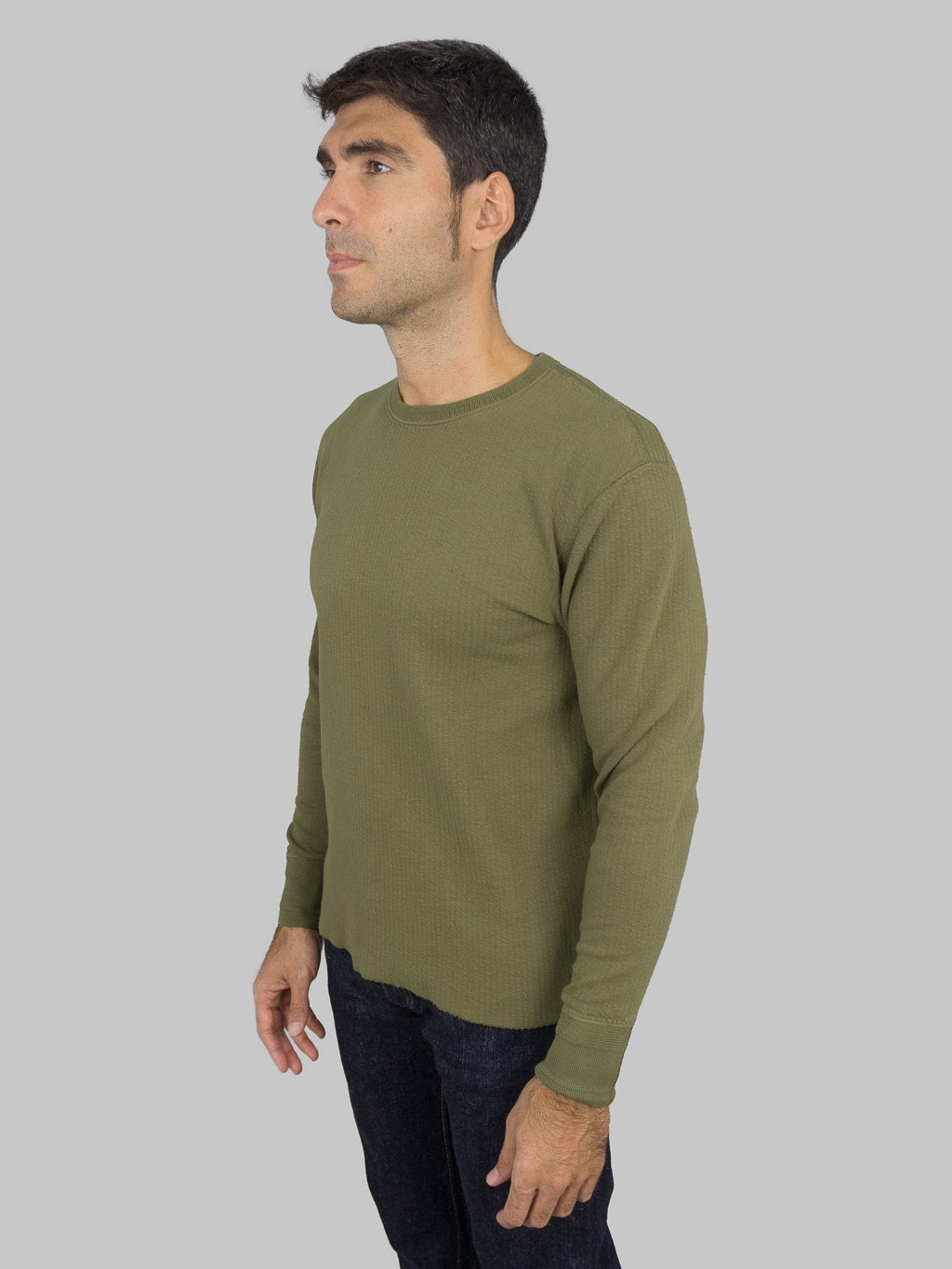 Loop Weft Double Face Jacquard crewneck Thermal army olive  side fit