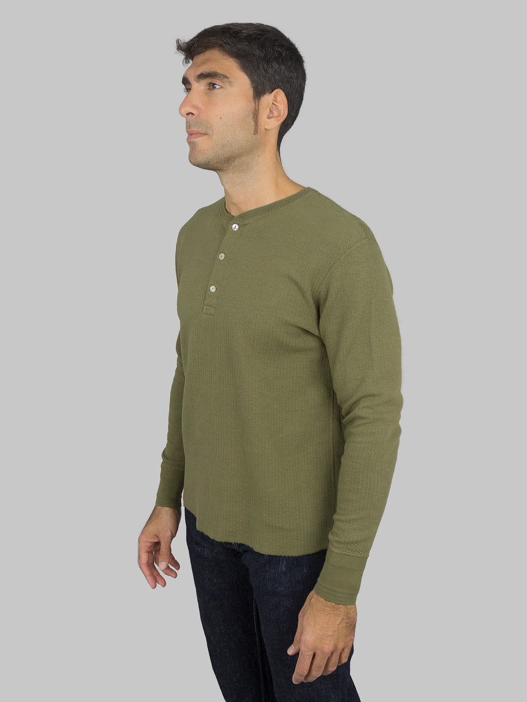Loop Weft Double Face Jacquard henley Thermal army olive side fit