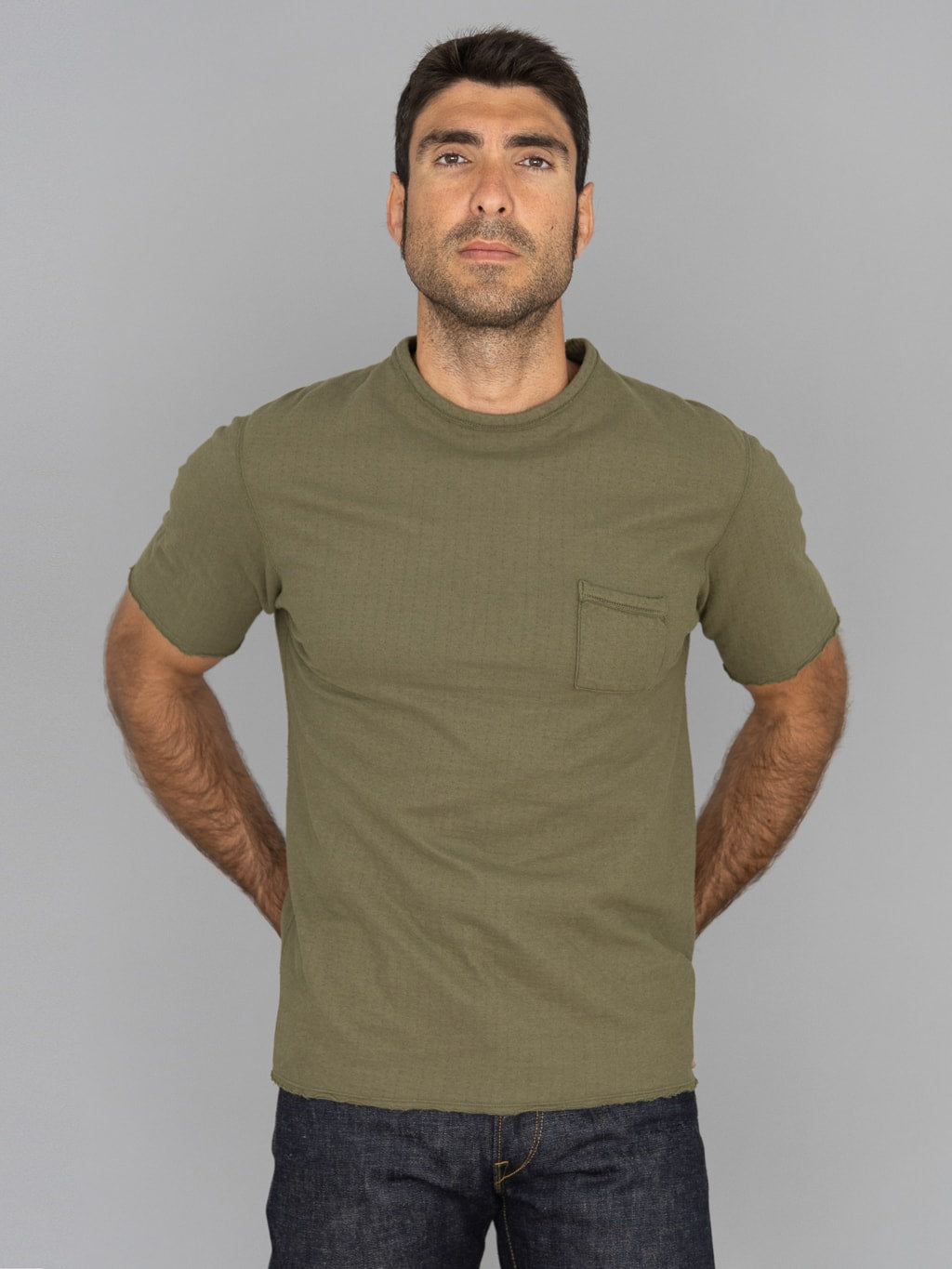 Loop and Weft Dual Layered Knit raw edge pocket TShirt olive fit
