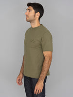 Loop and Weft Dual Layered Knit raw edge pocket TShirt olive side