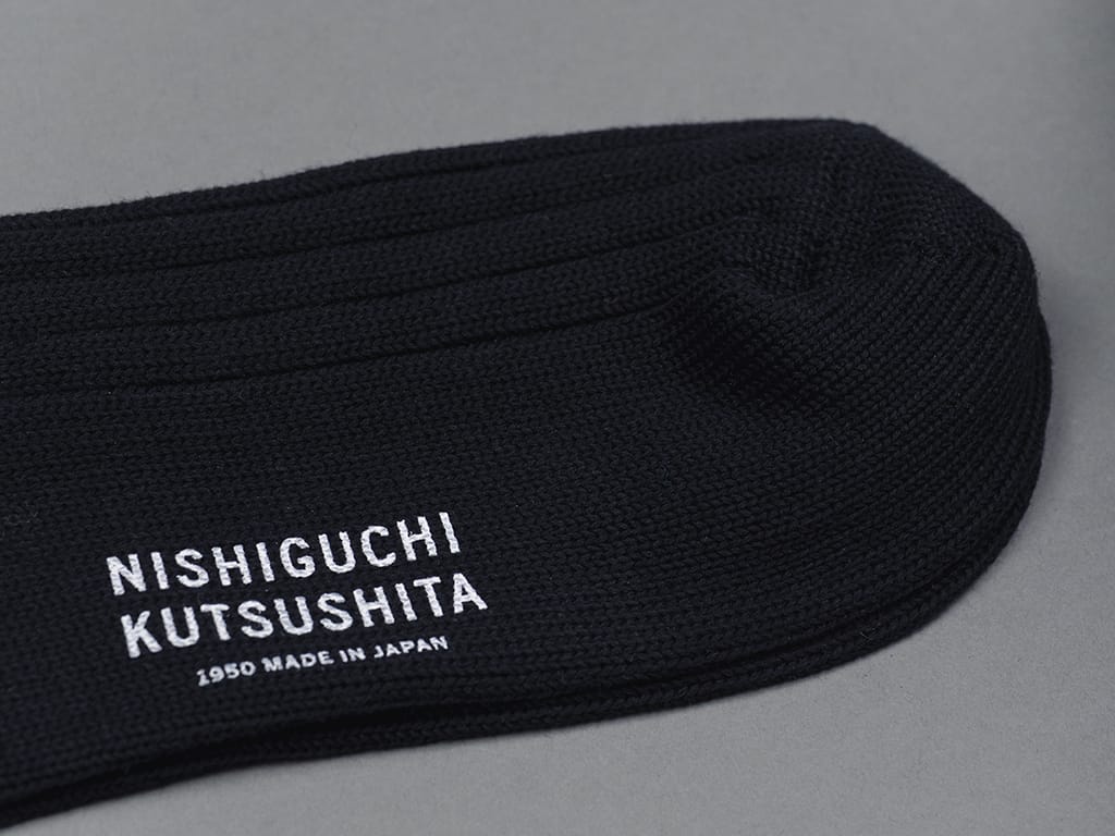 Nishiguchi Kutsushita Egyptian Cotton Ribbed Socks Black Brand Logo