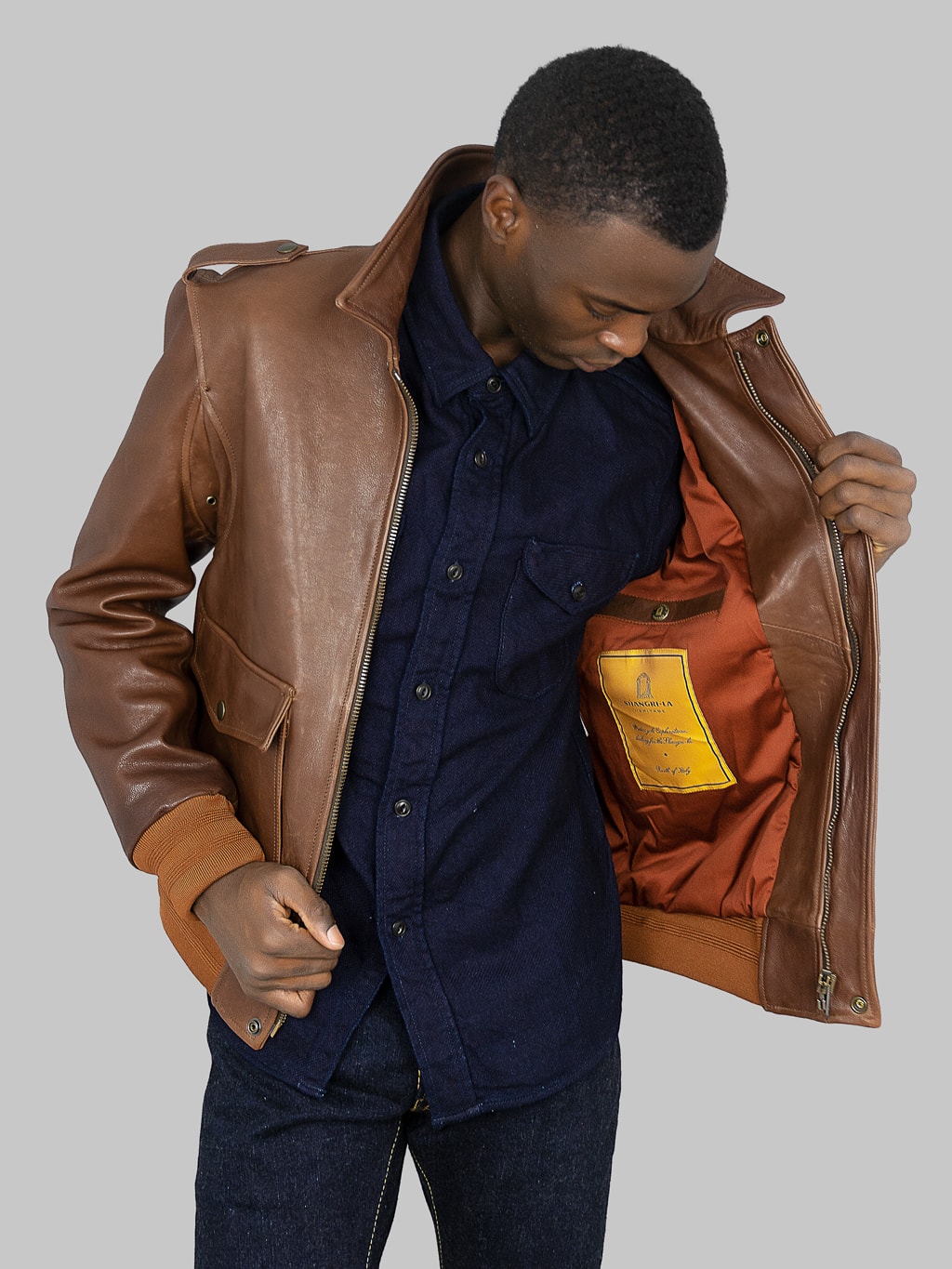 Shangri La Heritage Don Gentile A2 Seal Brown Flight Jacket interior details