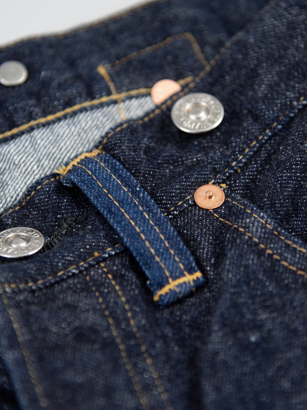 TCB 20s indigo Jeans one wash vintage belt loop closeup