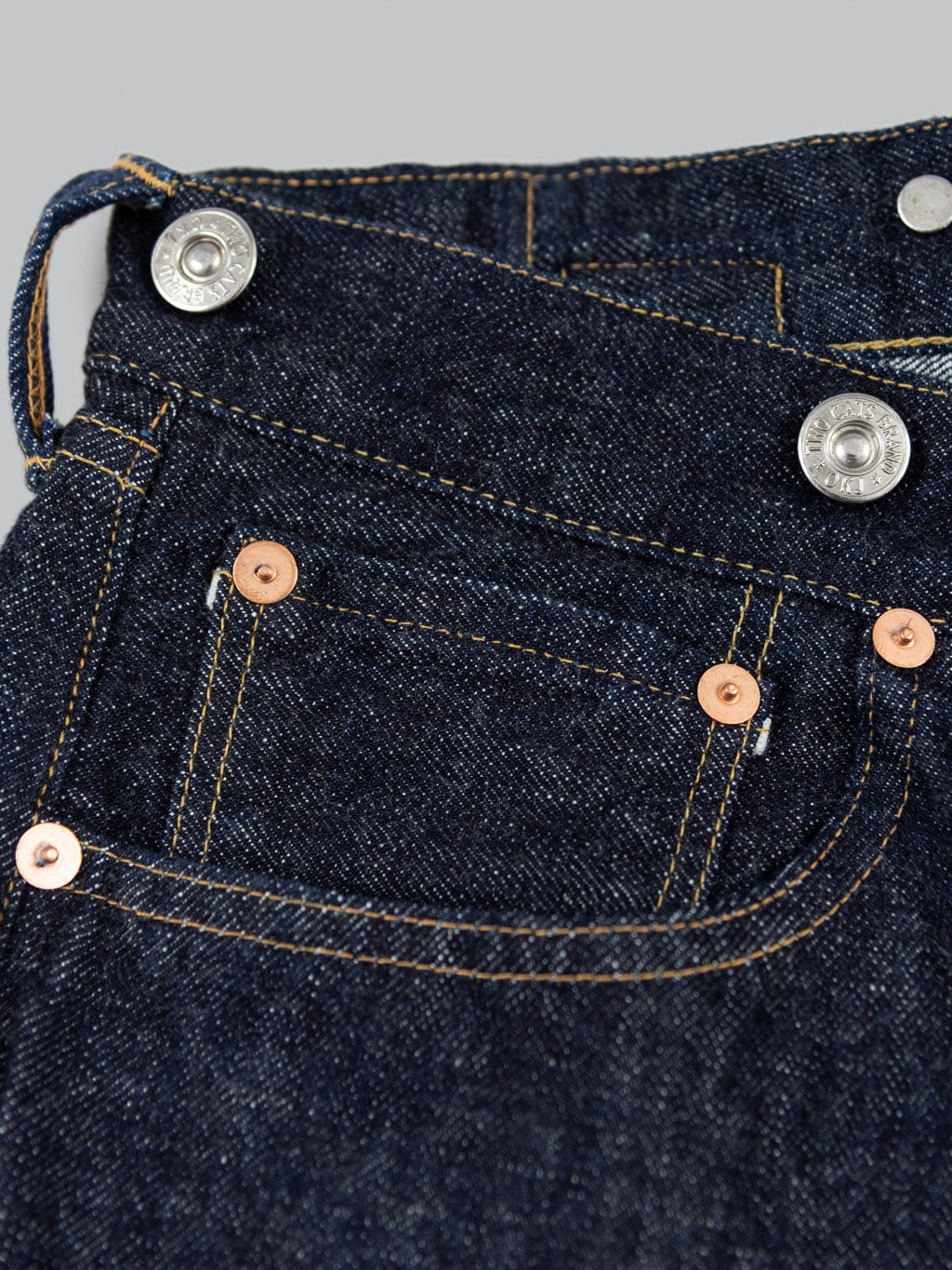 TCB 20s indigo Jeans one wash rivets closeup