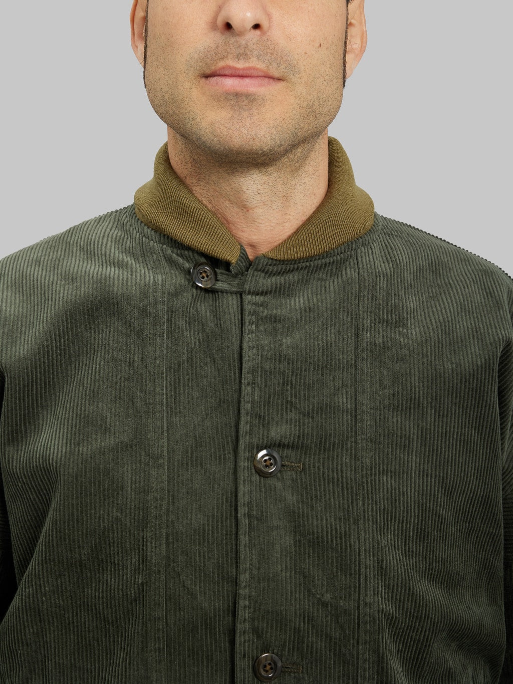 Tanuki Sazanami Corduroy Bayberry Dyed Green Jacket button collar